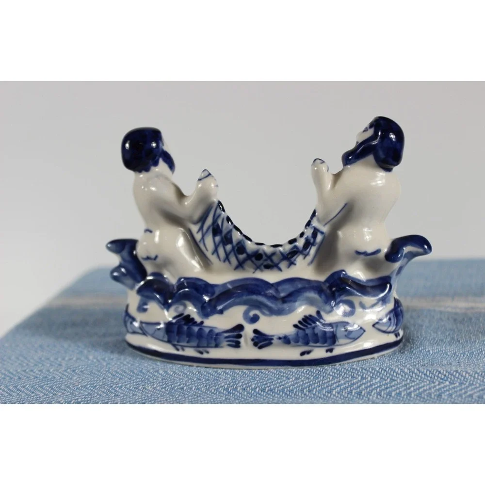 Gzhel Porcelain Figurine Blue & White Fishermen w/Net Fish Signed Ryzhenok VTG